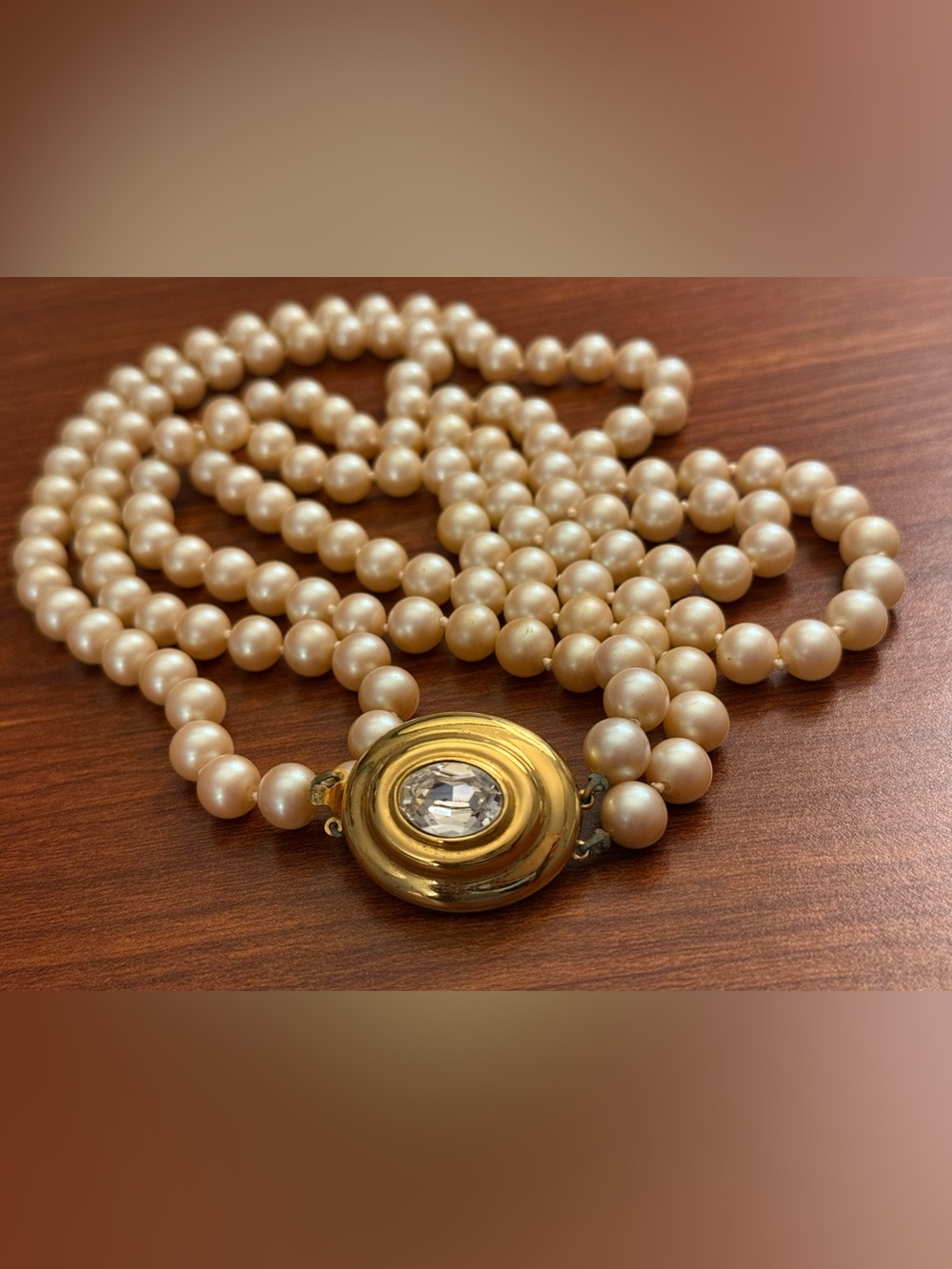 Vintage Double Strand Glass Pearl Necklace with Large Crystal Accent:Clasp